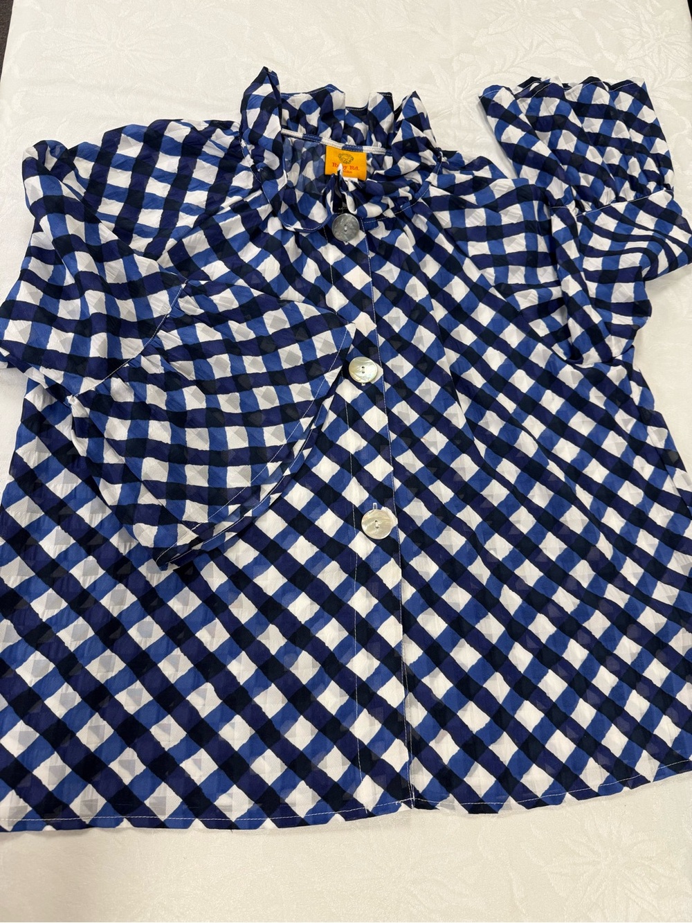 Ruby Rd. Navy and White Gingham Ruffle-Collar Button-Front Blouse - Picture 4 of 9